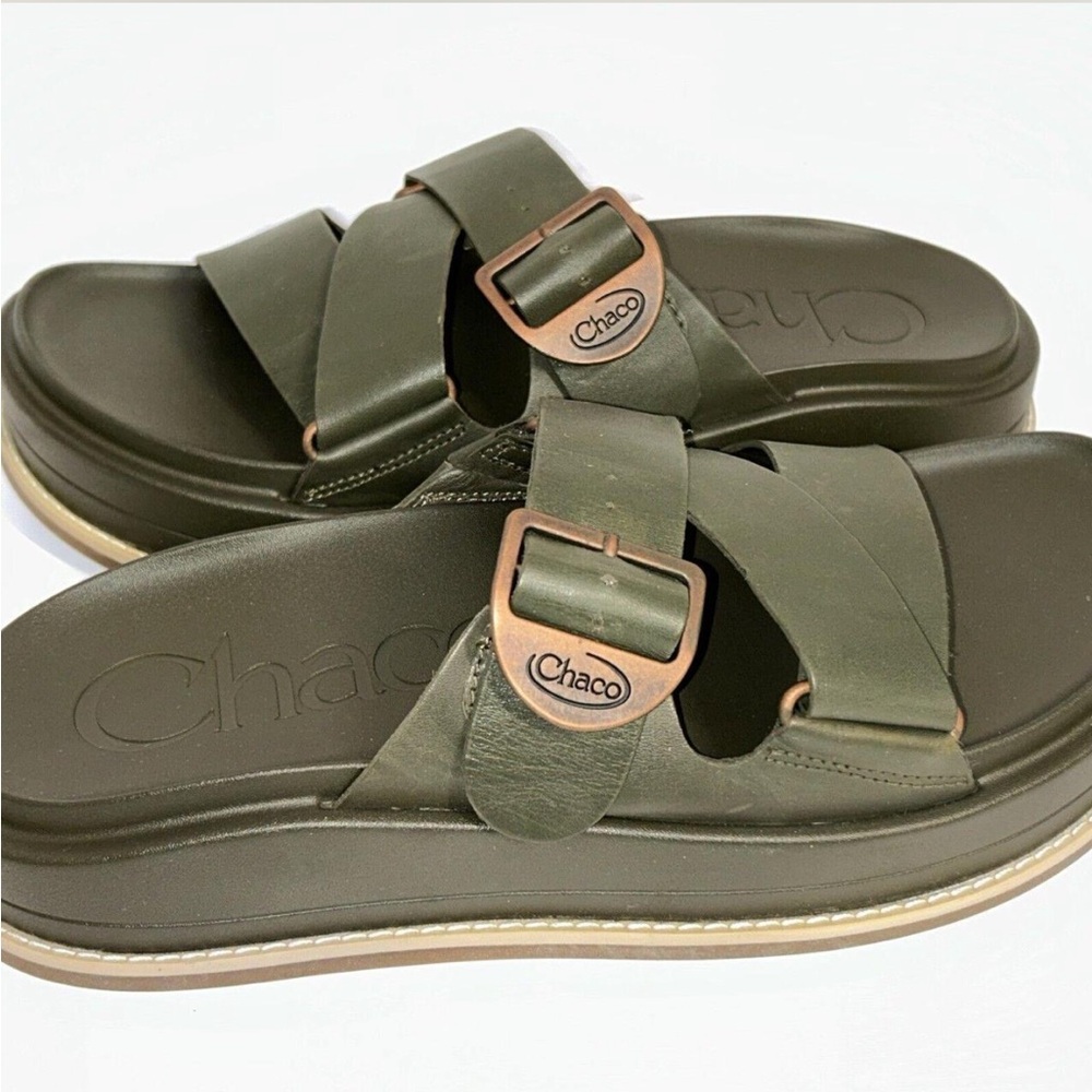 Chaco Leather Townes Slide Sandals in Olive Green